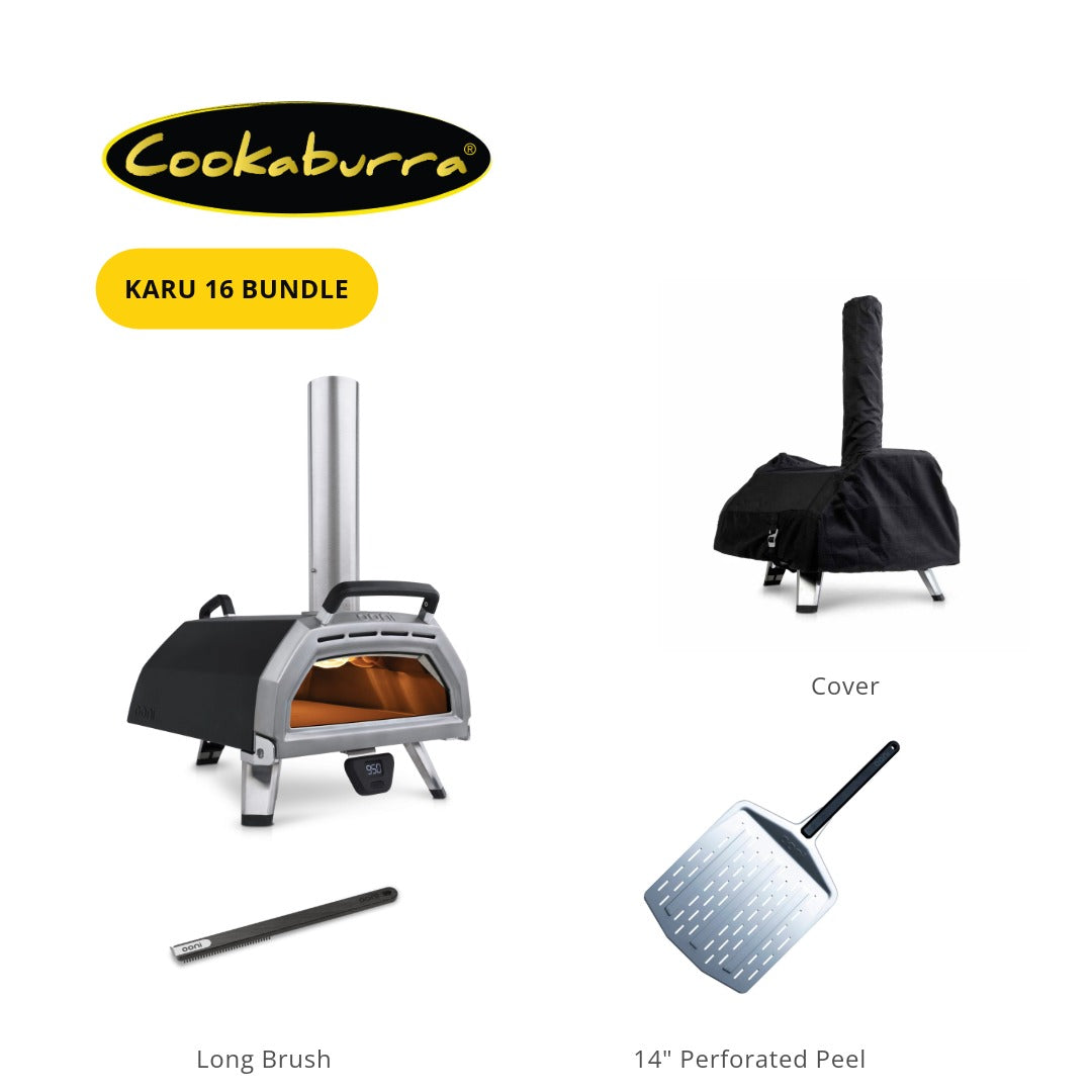 Ooni Karu 16 pizza oven bundle that comes with cover, Ooni pizza oven long brush and Ooni 14" Perforated Peel.