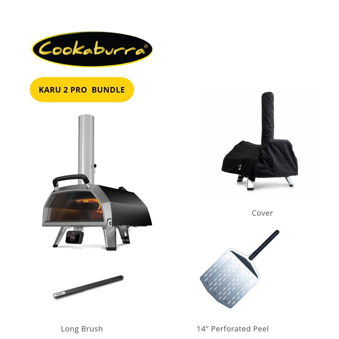 Ooni Karu 2 Pro pizza oven bundle comes with cover, Ooni pizza oven long brush and Ooni 14" Perforated pizza peel.
