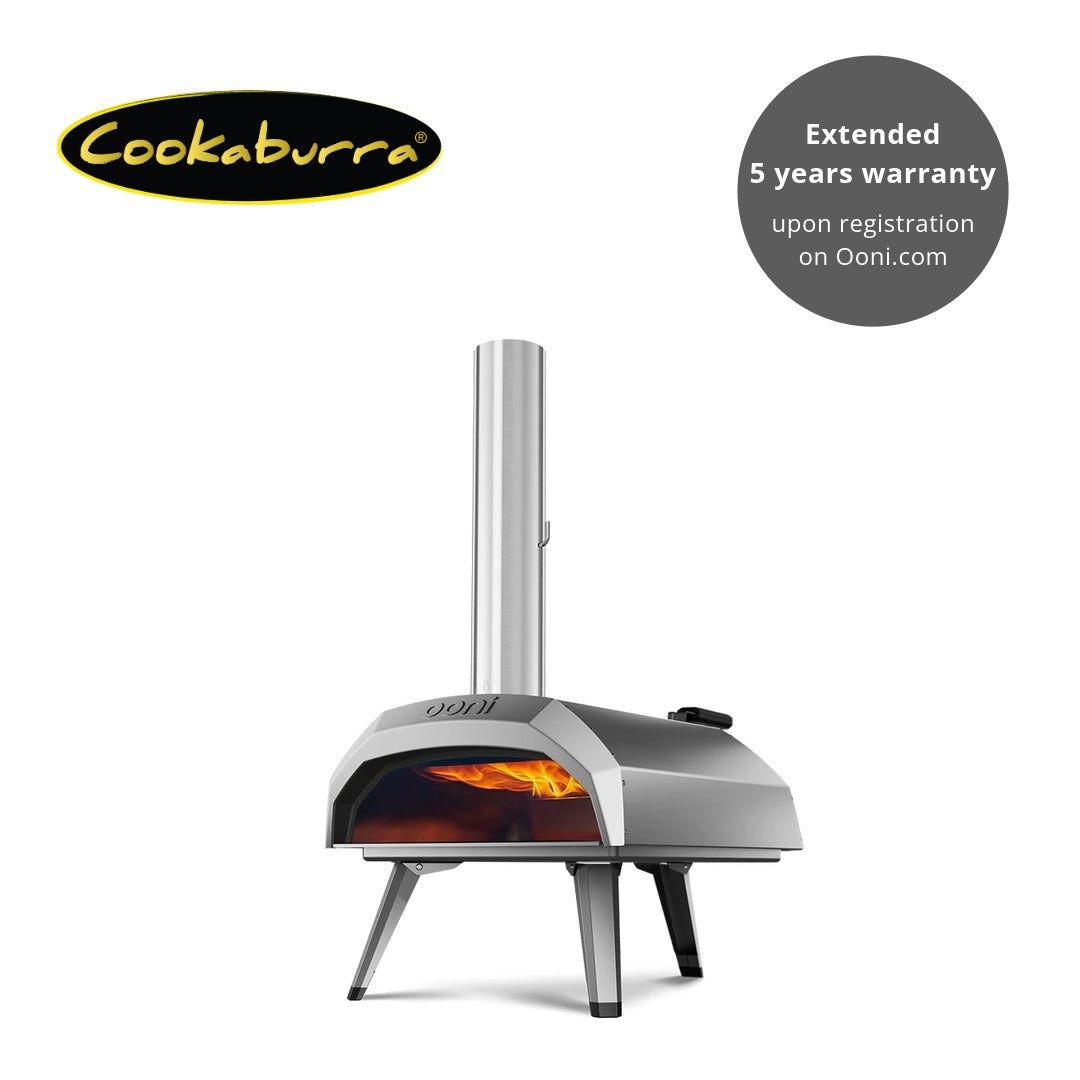 Extended warranty for Ooni Karu 12 Multi-Fuel pizza oven upon registration.