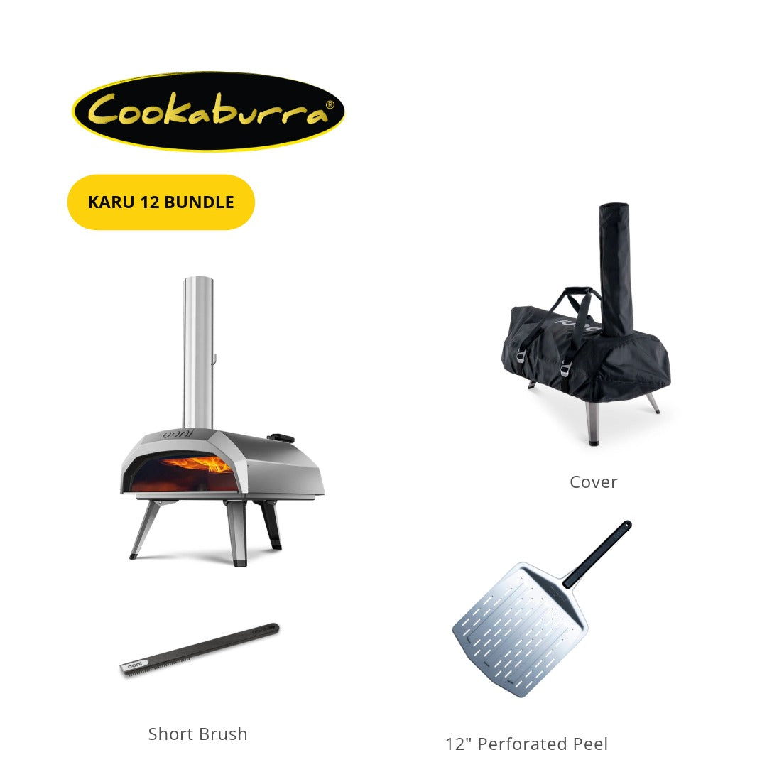 Ooni Karu 12 Multi-Fuel pizza oven's bundle that comes with cover, Ooni pizza oven short brush and Ooni 12" Perforated Peel.