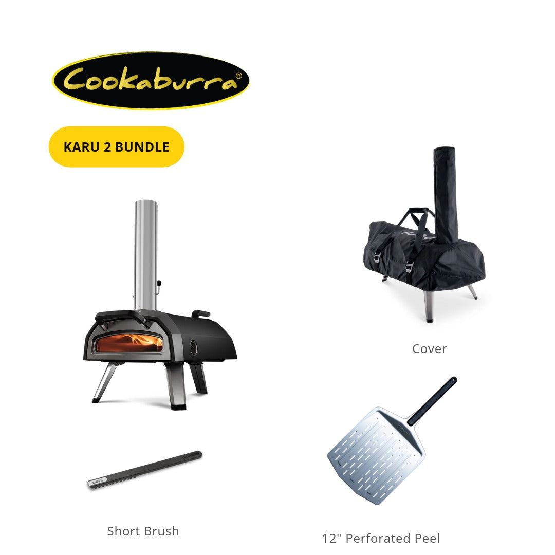 Ooni Karu 2 Multi-Fuel pizza oven's bundle that comes with cover, Ooni pizza oven short brush and Ooni 12" Perforated Peel.