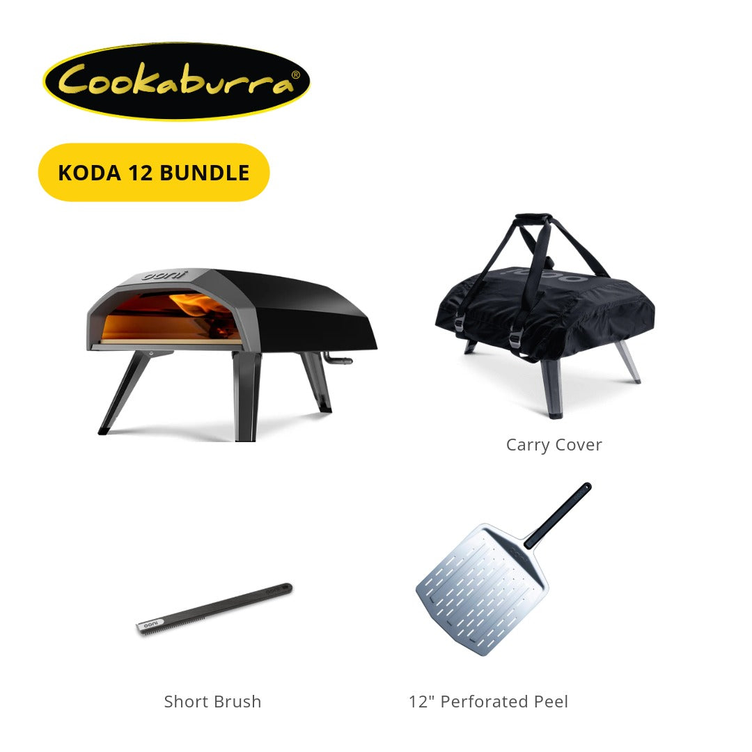 Ooni Koda 12 Bundle with pizza oven, carry cover, short brush, and 12-inch perforated peel.