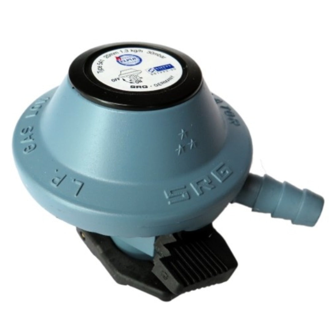 SRG Gas Regulator features a regulator inlet with shut-off valve for safety, a flow limiter that stops gas in case of a hose rupture, and is made in Germany.