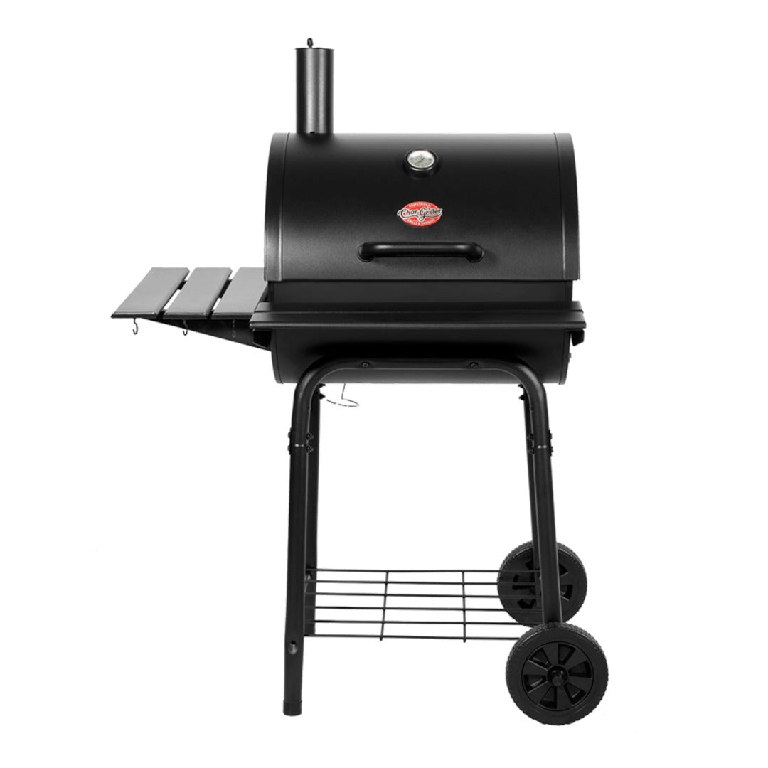 Char-Griller Wrangler® Charcoal Grill With Metal Shelves front view.